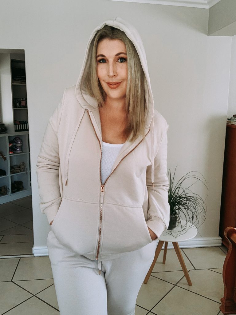 Nude tracksuit worn by The Glam Green Girl - hoodie on
