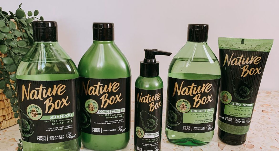 Nature Box avocado hair and body care product display
